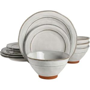 image:imageGibson Elite Humphrey Lane 12 Piece Service for 4 Plates and Bowls Reactive Glaze Dishes Stoneware Ceramic Dinnerware Set  WhiteWhite Terranea