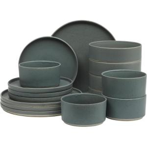 image:imageGibson Elite Octavia Place 16 Piece Stoneware Dinnerware Set Service for 4 Coupe Modern Plates amp Bowls Reactive Glaze Finish Taupe Microwave amp Dishwasher SafeBlue Tatum