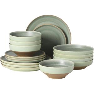 image:imageGibson Elite Octavia Place 16 Piece Stoneware Dinnerware Set Service for 4 Coupe Modern Plates amp Bowls Reactive Glaze Finish Taupe Microwave amp Dishwasher SafeGreen Octavia Place