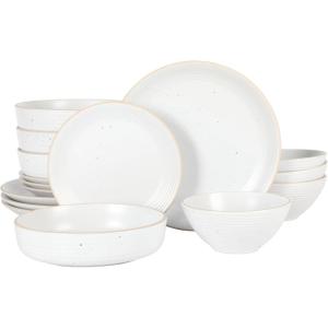 image:imageGibson Home Hometown Diner 12Piece Porcelain Dinnerware Set Round Plates and Bowls Set for 4 White with Green Rim Dishwasher Safe  Dinner Plate Salad Plate amp Cereal BowlWhite Dinah