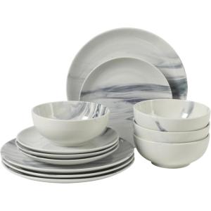 image:imageGibson Home Hometown Diner 12Piece Porcelain Dinnerware Set Round Plates and Bowls Set for 4 White with Green Rim Dishwasher Safe  Dinner Plate Salad Plate amp Cereal BowlBlue  White Cloudlight