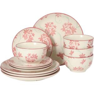 image:imageGibson Home Hometown Diner 12Piece Porcelain Dinnerware Set Round Plates and Bowls Set for 4 White with Green Rim Dishwasher Safe  Dinner Plate Salad Plate amp Cereal BowlPink Floral Admiral Hall