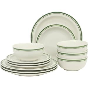 image:imageGibson Home Hometown Diner 12Piece Porcelain Dinnerware Set Round Plates and Bowls Set for 4 White with Green Rim Dishwasher Safe  Dinner Plate Salad Plate amp Cereal BowlWhite w Green Rim Hometown Diner