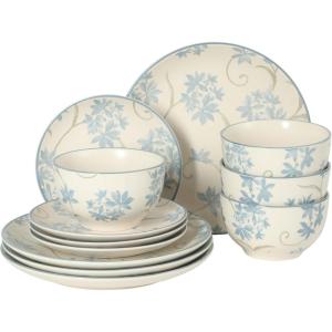 image:imageGibson Home Hometown Diner 12Piece Porcelain Dinnerware Set Round Plates and Bowls Set for 4 White with Green Rim Dishwasher Safe  Dinner Plate Salad Plate amp Cereal BowlBlue Floral Amdiral Hall