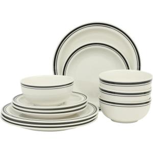 image:imageGibson Home Hometown Diner 12Piece Porcelain Dinnerware Set Round Plates and Bowls Set for 4 White with Green Rim Dishwasher Safe  Dinner Plate Salad Plate amp Cereal BowlWhite w Black Rim Hometown Diner