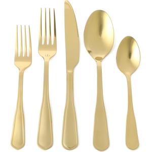 image:imageMartha Stewart Chiggi 20Piece Silver Stainless Steel Flatware Set Service for 4  Dinner Forks Salad Forks Knives Dinner Spoons amp Teaspoons  Minimalist Silver Mirror Polish Dishwasher SafeGold Torino