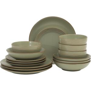 image:imageGibson Home Chiswick House 16Piece Stoneware Dinnerware Set Round Plates and Bowls Set for 4 Green with Wax Relief Embossed Rim Detail Dishwasher Safe  Dinner Plate Salad Plate amp Cereal BowlGreen w Wax Relief Embossed Rim Chiswick House