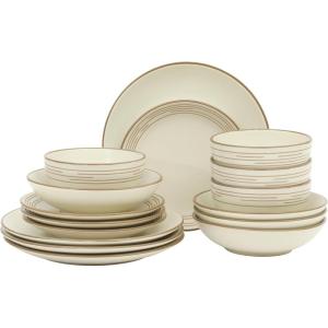 image:imageGibson Home Chiswick House 16Piece Stoneware Dinnerware Set Round Plates and Bowls Set for 4 Green with Wax Relief Embossed Rim Detail Dishwasher Safe  Dinner Plate Salad Plate amp Cereal BowlWhite w Wax Relief Embossed Rim Chiswick House
