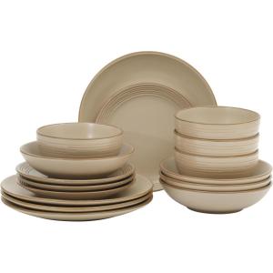image:imageGibson Home Chiswick House 16Piece Stoneware Dinnerware Set Round Plates and Bowls Set for 4 Green with Wax Relief Embossed Rim Detail Dishwasher Safe  Dinner Plate Salad Plate amp Cereal BowlBeige w Wax Relief Embossed Rim Chiswick House