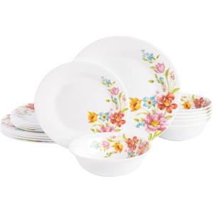 image:imageGibson Home Vanilla Hills 12Piece Opal Glass Dinnerware Set Service for 4  Includes 10 Dinner Plates 85 Salad Plates amp Bowls  Microwave Safe Dishwasher Safe Chip Resistant  White RoundRed Floral