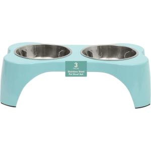 image:imageGibson Home Wags N Whiskers 3 Piece Elevated Pet Bowl Set 12oz Stainless Steel Dog amp Cat Bowl with PP Stand NonSlip Raised Feeder Food amp Water Station Dishwasher Safe BlueTeal Bow Wow Meow
