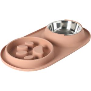 image:imageGibson Home Wags N Whiskers 3 Piece Elevated Pet Bowl Set 12oz Stainless Steel Dog amp Cat Bowl with PP Stand NonSlip Raised Feeder Food amp Water Station Dishwasher Safe BlueBlush Curious Canines Bone Shaped Double Bowl