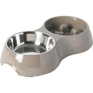 image:imageGibson Home Wags N Whiskers 3 Piece Elevated Pet Bowl Set 12oz Stainless Steel Dog amp Cat Bowl with PP Stand NonSlip Raised Feeder Food amp Water Station Dishwasher Safe BlueTaupe Curious Canines Double Bowl