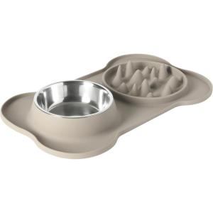 image:imageGibson Home Wags N Whiskers 3 Piece Elevated Pet Bowl Set 12oz Stainless Steel Dog amp Cat Bowl with PP Stand NonSlip Raised Feeder Food amp Water Station Dishwasher Safe BlueTaupe Curious Canines Bone Shaped Double Bowl