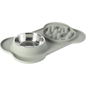 image:imageGibson Home Wags N Whiskers 3 Piece Elevated Pet Bowl Set 12oz Stainless Steel Dog amp Cat Bowl with PP Stand NonSlip Raised Feeder Food amp Water Station Dishwasher Safe BlueGreen Curious Canines Bone Shaped Double Bowl