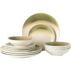 image:imageGibson Elite Crescenton Plates and Bowls Sets 12Piece Blue Stoneware Dinnerware Sets Round Reactive Glaze Dish SetGreen Crescenton
