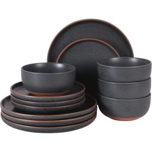 image:imageGibson Elite Crescenton Plates and Bowls Sets 12Piece Blue Stoneware Dinnerware Sets Round Reactive Glaze Dish SetNavy Blue Abbey Circle