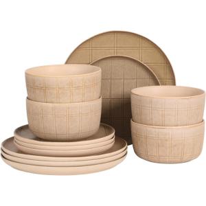 image:imageGibson Elite Crescenton Plates and Bowls Sets 12Piece Blue Stoneware Dinnerware Sets Round Reactive Glaze Dish SetTaupe Butterwick