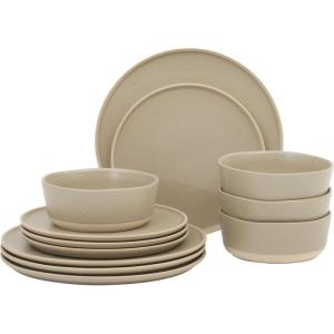 image:imageGibson Elite Crescenton Plates and Bowls Sets 12Piece Blue Stoneware Dinnerware Sets Round Reactive Glaze Dish SetTaupe Humphrey Lane
