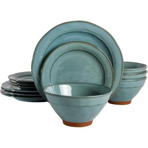 image:imageGibson Elite Crescenton Plates and Bowls Sets 12Piece Blue Stoneware Dinnerware Sets Round Reactive Glaze Dish SetTeal Terranea