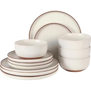 image:imageGibson Elite Crescenton Plates and Bowls Sets 12Piece Blue Stoneware Dinnerware Sets Round Reactive Glaze Dish SetWhite Abbey Circle