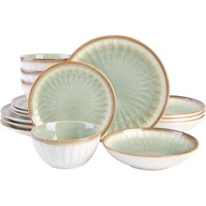 image:imageGibson Elite Leeds Court Plates and Bowls Sets 16Piece Stoneware Dinnerware Sets Terracotta Round Speckle Reactive Glaze Dish SetLight Green Mayfair Bay