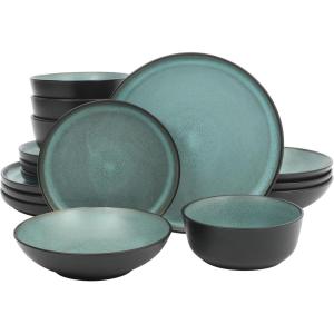 image:imageGibson Elite Leeds Court Plates and Bowls Sets 16Piece Stoneware Dinnerware Sets Terracotta Round Speckle Reactive Glaze Dish SetMatte Black  Green Tribeca Loft