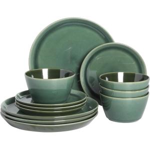 image:imageGibson Elite Midnight Lune Plates and Bowls Sets 12Piece Stoneware Dinnerware Sets Reactive Glaze Dish Set  BlueGlossy Green Fern Canyon