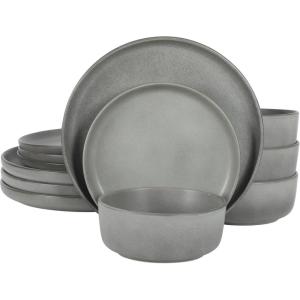 image:imageGibson Elite Midnight Lune Plates and Bowls Sets 12Piece Stoneware Dinnerware Sets Reactive Glaze Dish Set  BlueGrey Pasco