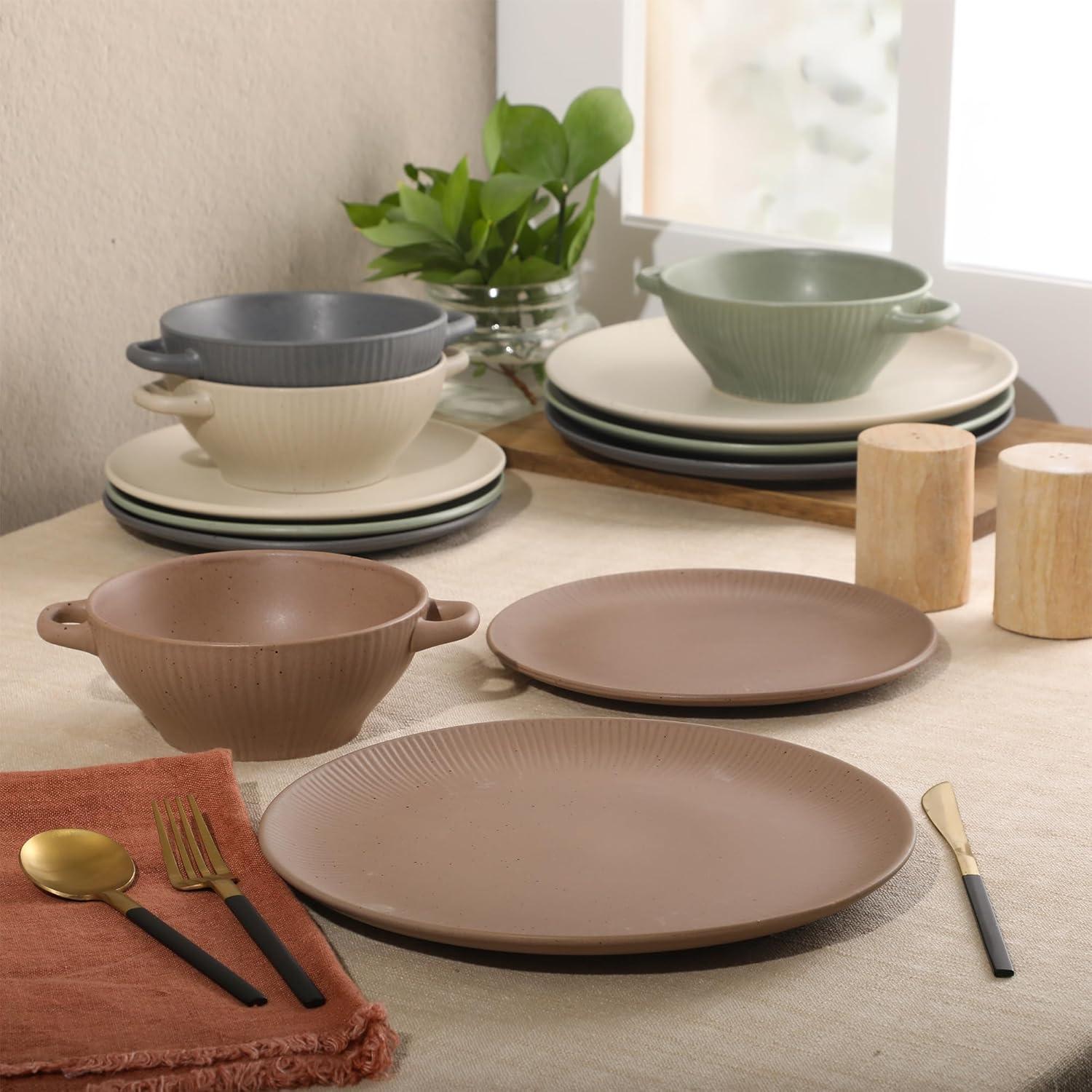 image:imageGibson Elite Coastal Forest Plates and Bowls Sets 12Piece Stoneware Dinnerware Sets Triple Reactive Glaze Dish Set  BlackAssorted Colors Clover Hill