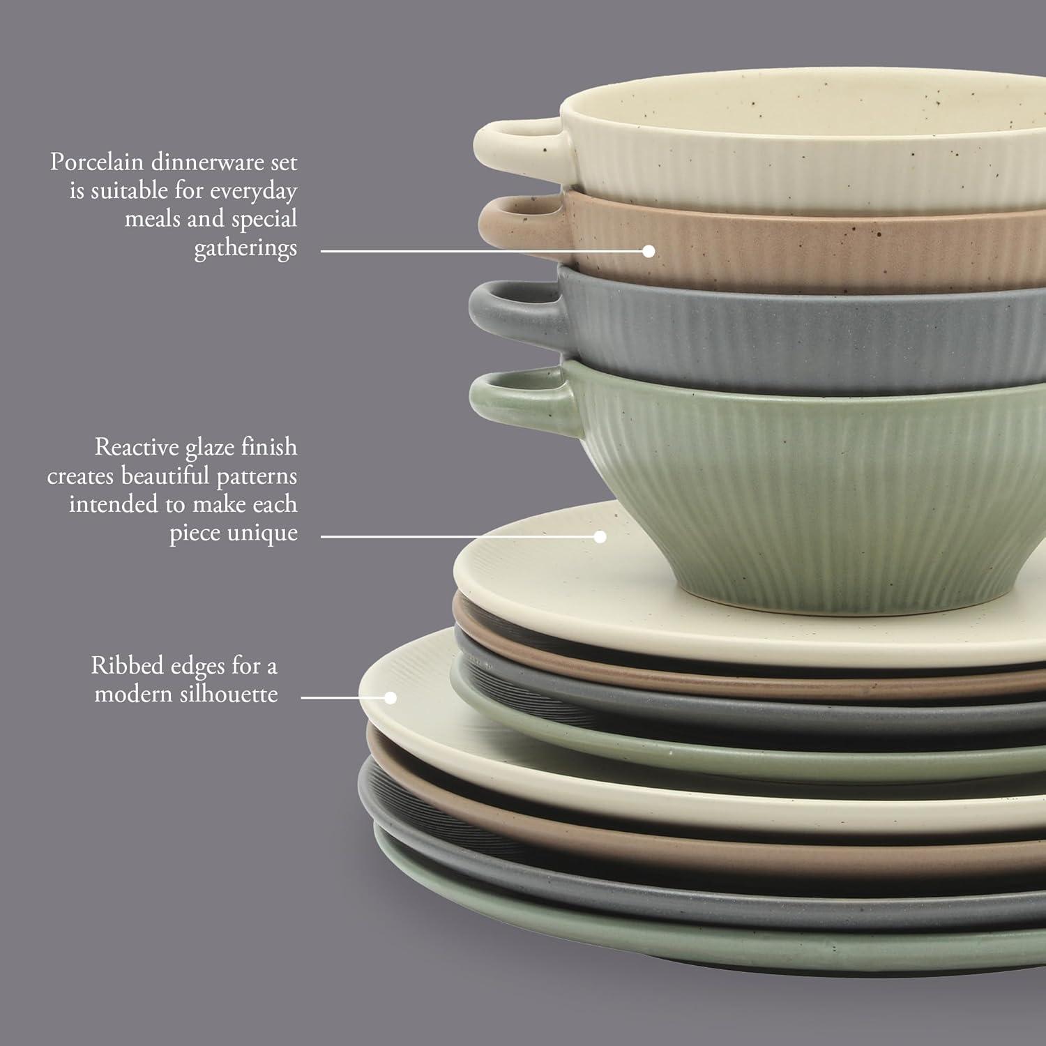 image:imageGibson Elite Coastal Forest Plates and Bowls Sets 12Piece Stoneware Dinnerware Sets Triple Reactive Glaze Dish Set  BlackAssorted Colors Clover Hill