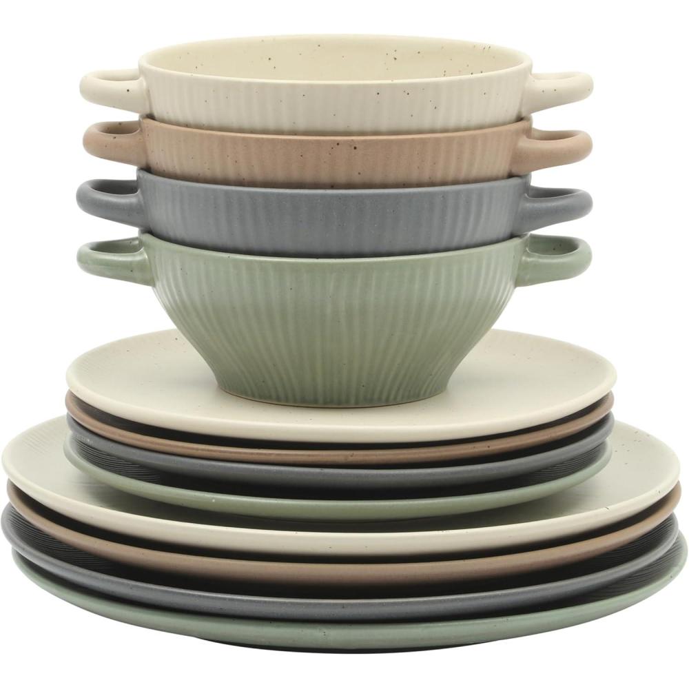image:imageGibson Elite Coastal Forest Plates and Bowls Sets 12Piece Stoneware Dinnerware Sets Triple Reactive Glaze Dish Set  BlackAssorted Colors Clover Hill