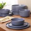 image:imageGibson Elite Bayou Moon Plates and Bowls Sets 16Piece White Matte Stoneware Dinnerware Sets Solid Color Reactive Glaze Dish SetMatte Blue Bayou Moon
