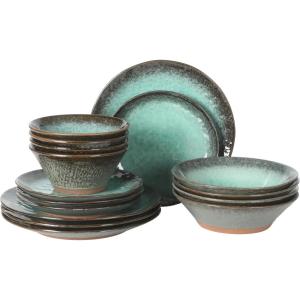 image:imageGibson Elite Bayou Moon Plates and Bowls Sets 16Piece White Matte Stoneware Dinnerware Sets Solid Color Reactive Glaze Dish SetGreen Green Lantern