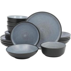 image:imageGibson Elite Bayou Moon Plates and Bowls Sets 16Piece White Matte Stoneware Dinnerware Sets Solid Color Reactive Glaze Dish SetMatte Black  Blue Tribeca Loft
