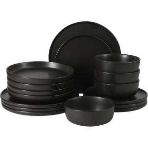 image:imageGibson Elite Bayou Moon Plates and Bowls Sets 16Piece White Matte Stoneware Dinnerware Sets Solid Color Reactive Glaze Dish SetMatte Black Bayou Moon