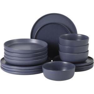image:imageGibson Elite Bayou Moon Plates and Bowls Sets 16Piece White Matte Stoneware Dinnerware Sets Solid Color Reactive Glaze Dish SetMatte Blue Bayou Moon