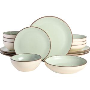 image:imageGibson Elite Bayou Moon Plates and Bowls Sets 16Piece White Matte Stoneware Dinnerware Sets Solid Color Reactive Glaze Dish SetMint Contempo Classic