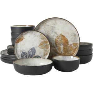 image:imageGibson Elite Bayou Moon Plates and Bowls Sets 16Piece White Matte Stoneware Dinnerware Sets Solid Color Reactive Glaze Dish SetMulticolor Leaf Design Chantilly Hil