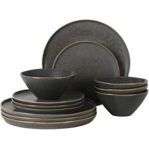 image:imageGibson Elite Coastal Forest Plates and Bowls Sets 12Piece Stoneware Dinnerware Sets Triple Reactive Glaze Dish Set  BlackBlack Coastal Forest