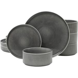 image:imageGibson Elite Coastal Forest Plates and Bowls Sets 12Piece Stoneware Dinnerware Sets Triple Reactive Glaze Dish Set  BlackBlack Solana