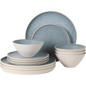 image:imageGibson Elite Coastal Forest Plates and Bowls Sets 12Piece Stoneware Dinnerware Sets Triple Reactive Glaze Dish Set  BlackBlueCream White Coastal Forest