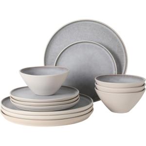 image:imageGibson Elite Coastal Forest Plates and Bowls Sets 12Piece Stoneware Dinnerware Sets Triple Reactive Glaze Dish Set  BlackLight GreyCream White Coastal Forest