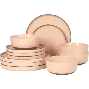image:imageGibson Elite Coastal Forest Plates and Bowls Sets 12Piece Stoneware Dinnerware Sets Triple Reactive Glaze Dish Set  BlackPeach Northrock