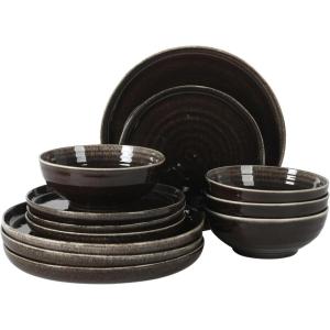 image:imageGibson Elite Pacifco Beach Plates and Bowls Sets 12Piece Stoneware Dinnerware Sets Reactive Glaze Dish Set  BlueBlack Eclipse Swirls