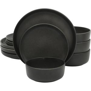 image:imageGibson Elite Pacifco Beach Plates and Bowls Sets 12Piece Stoneware Dinnerware Sets Reactive Glaze Dish Set  BlueBlack Pasco