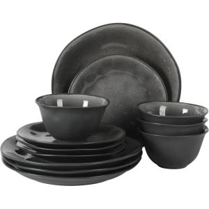 image:imageGibson Elite Pacifco Beach Plates and Bowls Sets 12Piece Stoneware Dinnerware Sets Reactive Glaze Dish Set  BlueBlack Port Barton