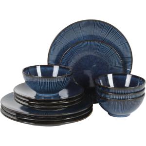 image:imageGibson Elite Pacifco Beach Plates and Bowls Sets 12Piece Stoneware Dinnerware Sets Reactive Glaze Dish Set  BlueBlue Midnight Lune
