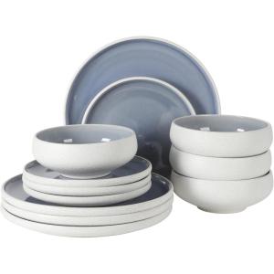 image:imageGibson Elite Pacifco Beach Plates and Bowls Sets 12Piece Stoneware Dinnerware Sets Reactive Glaze Dish Set  BlueBlue Pacifico Beach