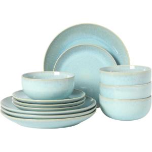 image:imageGibson Elite Pacifco Beach Plates and Bowls Sets 12Piece Stoneware Dinnerware Sets Reactive Glaze Dish Set  BlueBlue Pine Coast